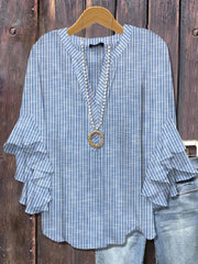 Blue Striped V-neck 3/4 Sleeve Blouse