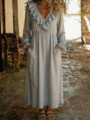 Solid Color V-neck Ruffled Long Sleeve Casual Loose Maxi Dress