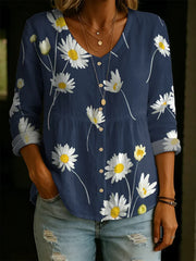 Floral Pattern Linen And Cotton Casual Shirt