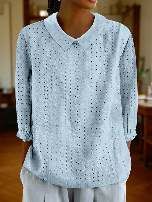 Solid Color Lapel Neck 3/4 Sleeve Top