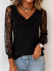 Solid Color Lace-trimmed Turtleneck Blouse
