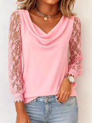 Solid Color Lace-trimmed Turtleneck Blouse