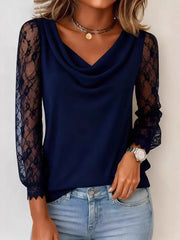 Solid Color Lace-trimmed Turtleneck Blouse