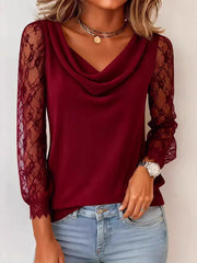 Solid Color Lace-trimmed Turtleneck Blouse