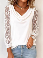 Solid Color Lace-trimmed Turtleneck Blouse