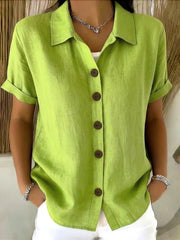 Basic Button-up Linen-cotton Short-sleeved Casual Shirt