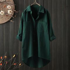 Solid Shirt Collar Cotton Linen Loose Shirt