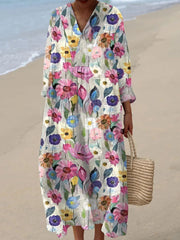 Women's Vintage Floral Art Print Casual Cotton And Linen 3/4 Sleeve Shirt