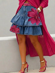 Casual Artistic Floral-print Denim Mini Skirt