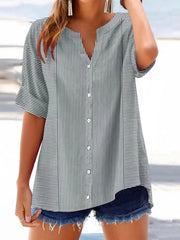 Gray-White Striped V-neck Short Sleeve Tops