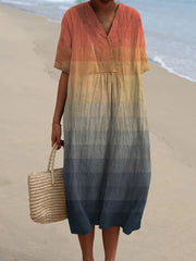 Women's V Neck Vintage Orange Blue Square Grid Art Mosaic Gradient Art Linen Loose Dress