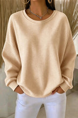 Women's Casual Plain Crew Neck Waffle Sweatshirt