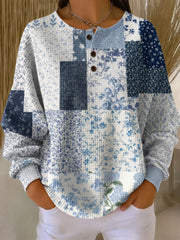 Women's Patchwork Small Floral Art Pattern Print Casual Waffle Cotton Sweatshirt