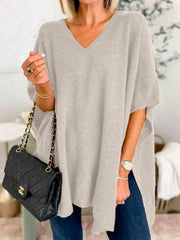 Women's Bat Sleeve Solid Color V-Neck Pullover Poncho Sweater