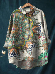 Women's Vintage Paisley Mandala Art Print Casual Cotton And Linen Shirt