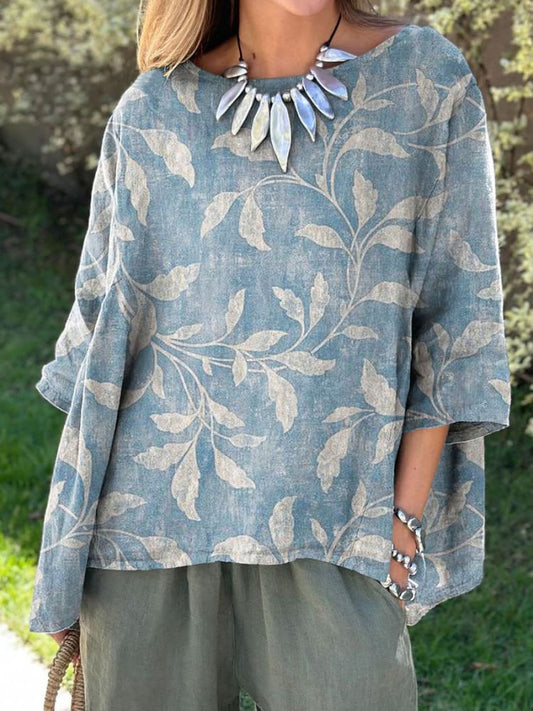 Women's Vintage Floral Art Print Casual Cotton And Linen Shirt