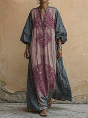 Women's Vintage-print V-neck 3/4-sleeve Casual Loose Cotton-linen Dress
