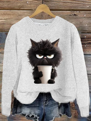 Grumpy Moring Coffee Cat Printed Knitted Pullover Sweater