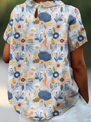 Women's Flower Art Print Casual Cotton And Linen Shirt