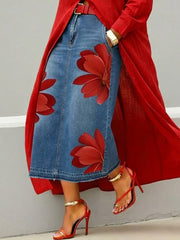 Casual Artistic Floral-print Denim Skirt