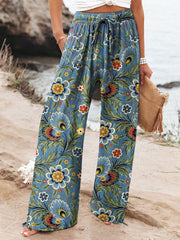 Women's Floral Art Printed Cotton And Linen Casual Pants