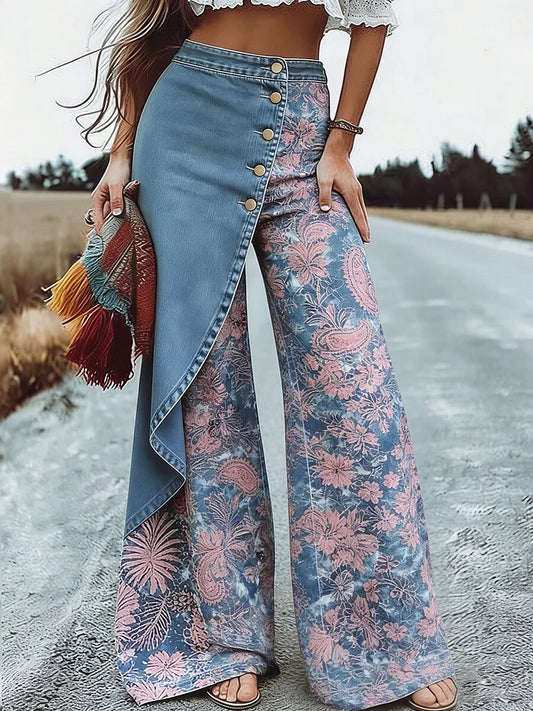 Women's Vintage Flower Patterns Print High-waisted Relaxed Fit Wide-leg Jeans With A Stylish Design