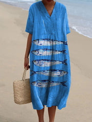Women's Vintage Lovely Fish Art Print Flowy Dress