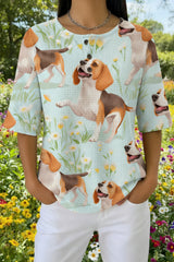 Womens White Puppy Floral Print Casual Waffle Cotton Shirt