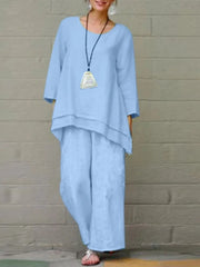 Women'S Solid Color Cotton And Linen Two-Piece Set