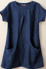 Plain Pockets Round Neck Short Sleeves Blouse