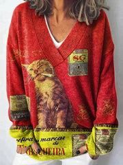 Cat Art Print Knit V-neck Pullover Sweater