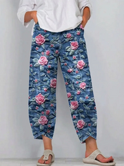 Women's Vintage Floral Pattern Art Print Casual Denim Pants