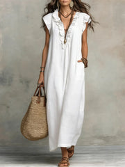 Ruffled Art Print Cotton-Linen Dress - Minimalist Sculptural Maxi
