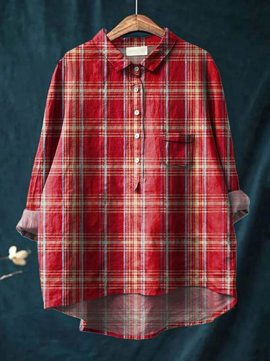 Vintage Plaid Pattern Art Print Casual Cotton And Linen Shirt
