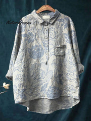 Women's Vintage Floral Art Print Casual Cotton And Linen Shirt