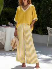 Casual Two-piece Set: Striped Linen & Cotton Patchwork Top And Striped Trousers