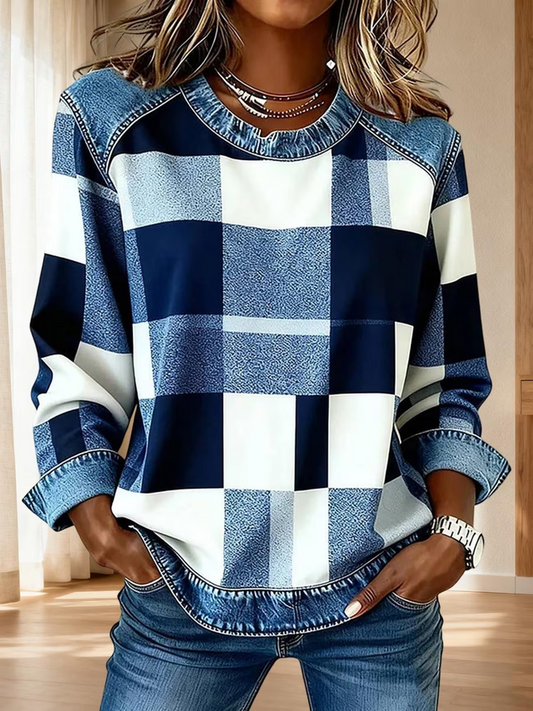 Women Abstract Plaid Crew Neck Long Sleeve Vintage Daily Fall Sweatshirt
