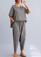 Black Plaid Wrinkled Patchwork T Shirt And Crop Pants Two Piece Set Short Sleeve
