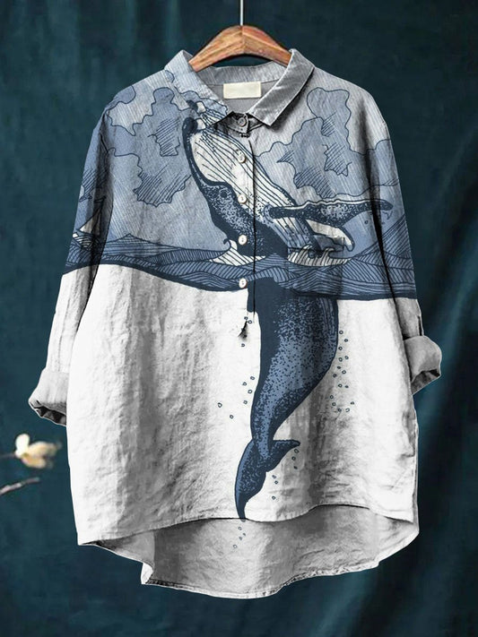 Women's Whale Print Casual Cotton And Linen Shirt