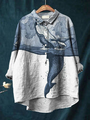 Women's Whale Print Casual Cotton And Linen Shirt