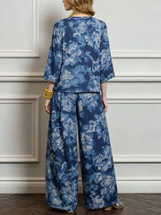 Women's Loose-fit Cotton-linen Top & High-waisted Wide-leg Pants Set