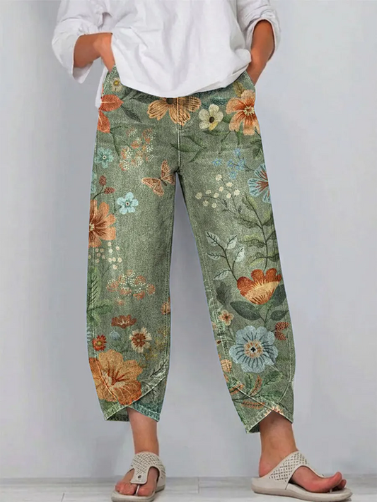 Women's Vintage Floral Pattern Art Print Casual Denim Pants