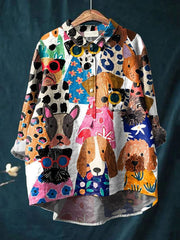 Women's Dog Art Print Casual Cotton And Linen Shirt