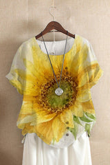 Sunflowers Print Buttons Short Sleeves T-shirt