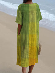Women's V Neck Vintage Yellow-green Art Mosaic Gradient Art Linen Loose Dress