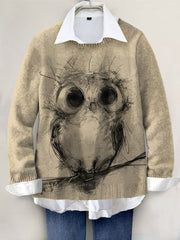 Owl Hand-painted Art Print Knit Pullover Sweater