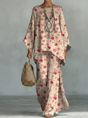 Women's Vintage Floral Art Comfortable Loose Cotton Linen Wide-leg Pants Two-piece Set