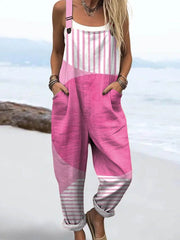 Women's Abstract Geometric Pattern Art Print Casual Cotton Wide Leg Jumpsuit