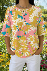 Womens Orange Tropical Botanical Print Casual Waffle Cotton Shirt