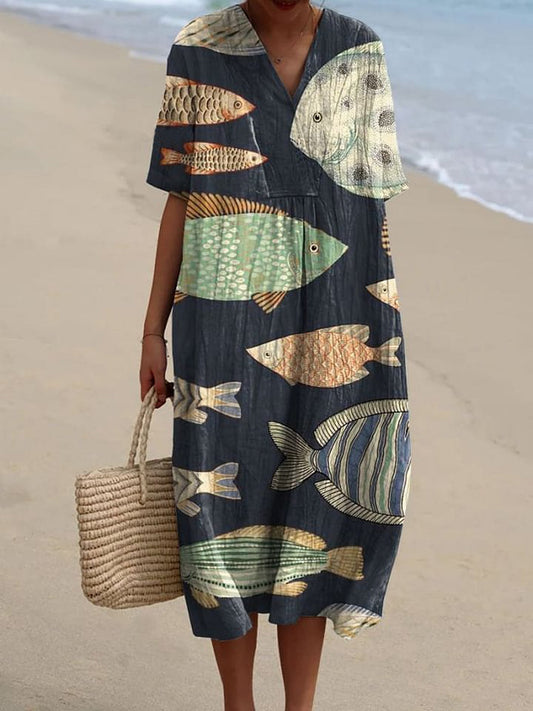 Women's Vintage Lovely Fish Art Print Flowy Dress